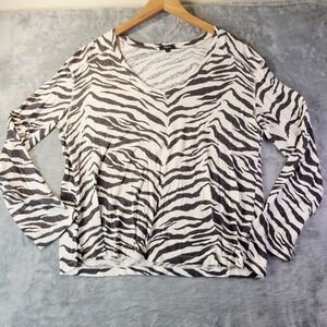 Rails Zebra Print V-Neck Long Sleeve Linen Blend Top Black White Casual Large